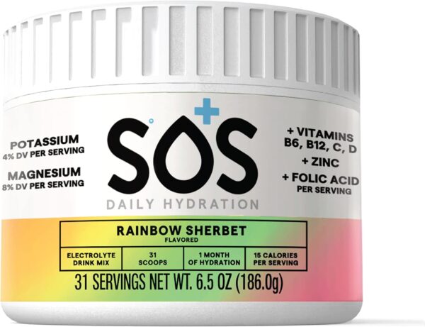 SOS Hydration Electrolyte Powder, Rainbow Sherbert Flavor, 31 Servings – Low-Calorie, Zero Sugar, Rapid Rehydration, Made in USA, Keto & Vegan Friendly