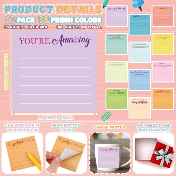 Yinder 24 Pcs Employee Appreciation Sticky Notes Thank You Gifts Bulk Note Pads with Sayings Teacher Gift Mini Pocket Inspirational Notepads for Coworker Office Supply 3 x 3''(Pastel,Thanks)