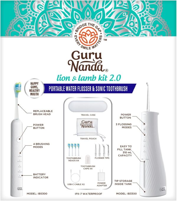 GuruNanda Lion & Lamb Kit 2.0, Electric Toothbrush with Water Flosser Combo, 4 Jet Tips, 4 Brush Heads, & IPX7 Waterproof Design for Complete Oral Care, White