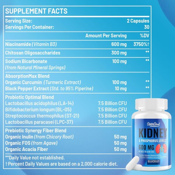 Kidney Support Supplement Cleanse Detox Kidney Chitosan Oligosaccharides Supplement, Niacinamide 600mg, Kidney & Phosphorus Levels, for Adult (2 Bottle)
