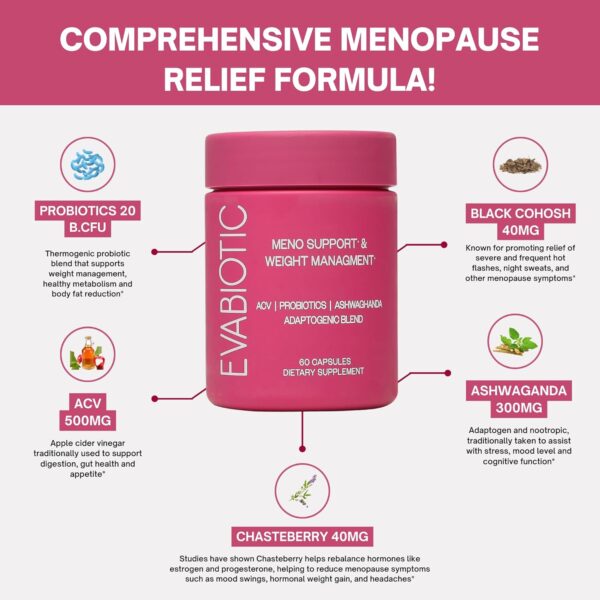 Complete Menopause Vitamins - Ashwaghanda, Probiotics, ACV for Weight Management, Hot Flashes, Night Sweats, Bloat, Hormone Balance - Vegan 60 Caps Menopause Supplements for Women Non-GMO
