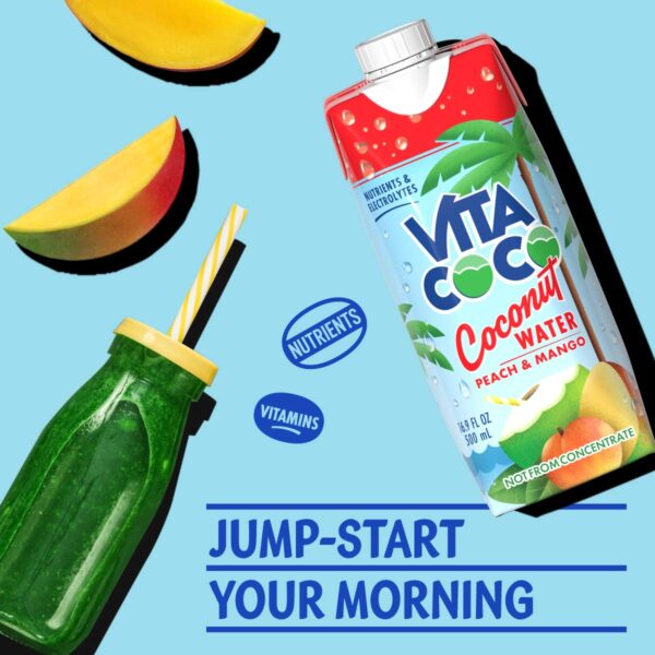 Vita Coco Coconut Water, Peach & Mango - Naturally Hydrating Electrolyte Drink - Smart Alternative to Coffee, Soda, and Sports Drinks - Gluten Free - 16.9 Fl Oz (Pack of 12)