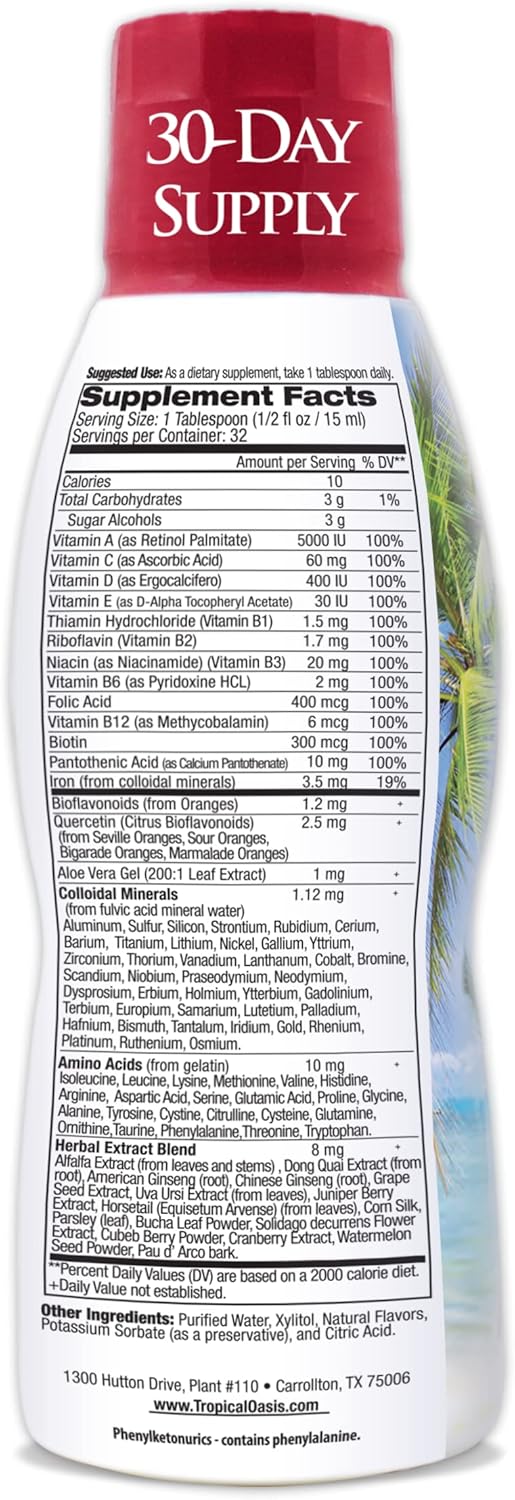 Tropical Oasis Adult Liquid Multivitamin -Liquid Multi-Vitamin and Mineral Supplement with 125 Total Nutrients Including; 85 Vitamins & Minerals, 23 Amino Acids, and 18 Herbs - 16 fl oz, 32 serv