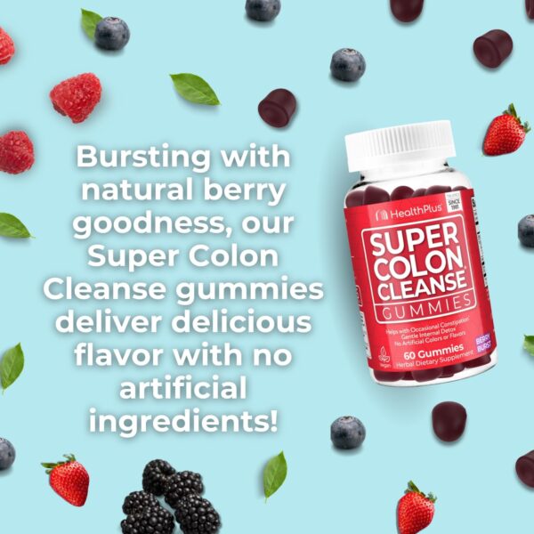 Health Plus Super Colon Cleanse Gummies, Natural Senna Leaf Extract, Gentle, Overnight Relief from Occasional Constipation, Dietary Supplement, Mixed Berry Flavor, 60 Count