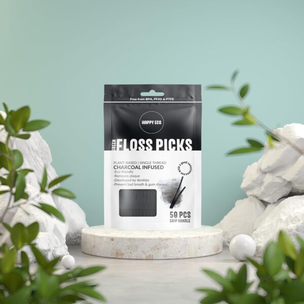 Biodegradable Floss Picks (200pcs) - Natural Dental Floss - Nontoxic Plant Based Floss Sticks for Adults & Kids - Vegan Tooth Pick Flossers - Single Thread Charcoal