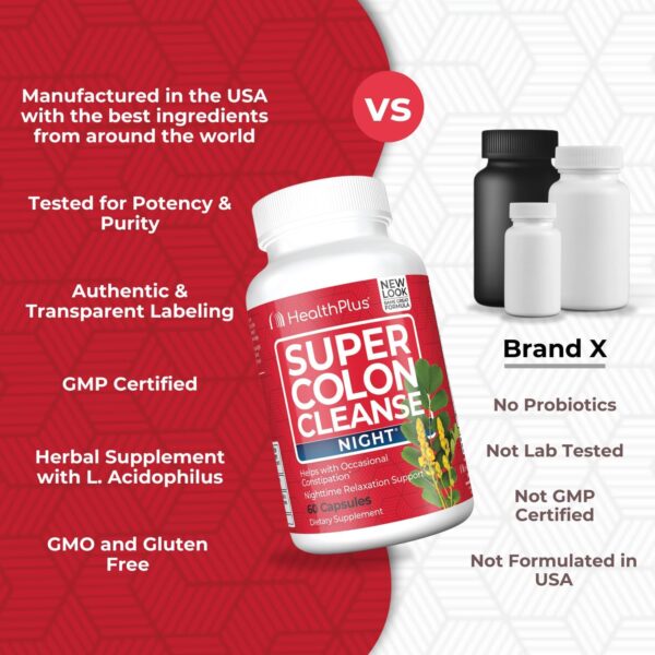 Health Plus Super Colon Cleanse Night Formula Digestive Support | Constipation Relief to Reduce Bloating with Probiotics and Valerian Root for Sleep | More than 1 Cleanse, 60 Capsules