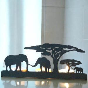 Renovatio Metal Tealight Candle Holder – Safari Elephants Silhouette Decor for Living Room, Meditation Space, Christmas & Wedding – Black Safari Theme