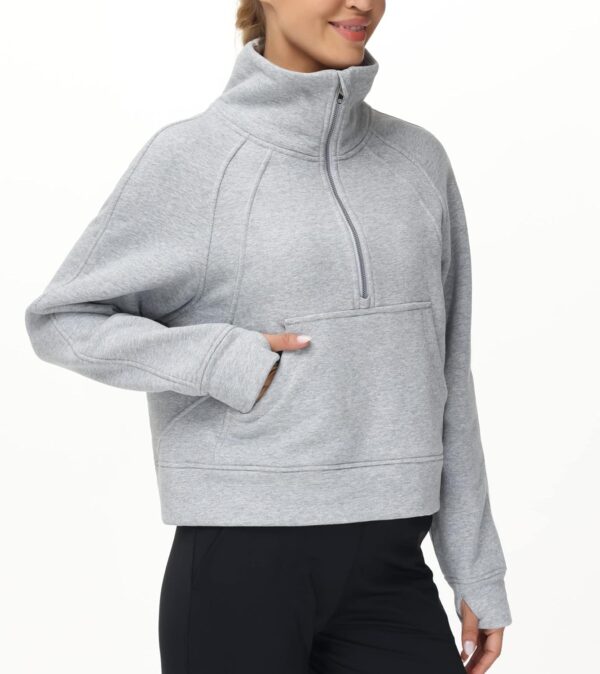 THE GYM PEOPLE Womens' Half Zip Pullover Fleece Stand Collar Crop Sweatshirt with Pockets Thumb Hole