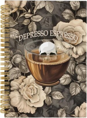 Mental Health Vintage Spiral Notebook, Skull Coffee Mug Cup Journal, Depresso Espresso 5.5"x8.3" 164pages Lined Notebooks College Ruled, Retro Floral Notebook for Office School Supplies