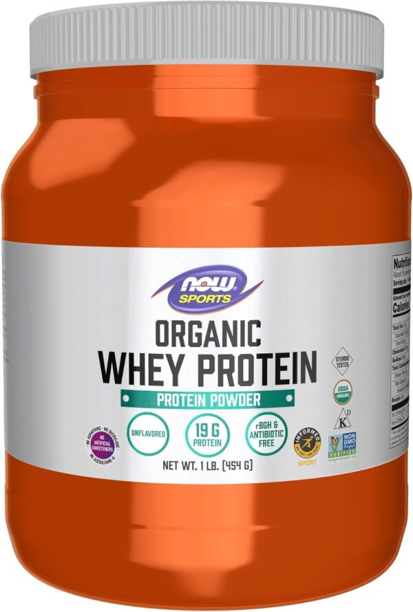 NOW Foods Sports Nutrition, Certified Organic Whey Protein 19 g, Unflavored Powder, 1-Pound