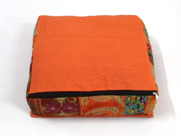 CRAFT KALA Indian Square Patchwork Traditional Pouf Cover Indian Living Room Poufs Decorative Embroidered Designer Ottoman Home Living Footstool Chair Cover Decor Pillow Cover 22x22x5 inches, Orange
