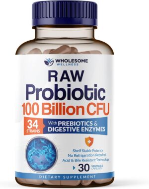 Organic Raw Probiotics 100 Billion CFU, Dr Formulated for Women and Men, Complete Adult Supplement with Prebiotics and Digestive Enzymes; 30 Capsules, Shelf Stable