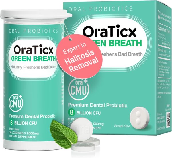 Green Breath Oral Care Probiotics, Naturally Support Freshens Bad Breath & Healthy Mouth, Dental Probiotic Supplement 8 Billion CFU, Mint Flavor 30 Lozenges 1-PK