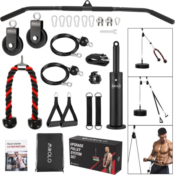 71dCzzvh1kL._AC_SL1500_.jpg Mikolo Upgraded Weight Lift Pulley System - LAT Pulley Attachments with Adjustable Length Cable for Full Body Training, Home Gym Set, 2023 Version