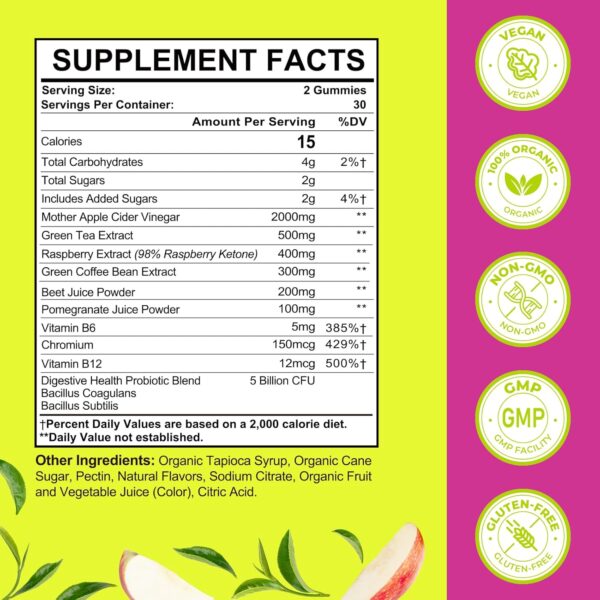Apple Cider Vinegar Gummies, Keto ACV Gummies 2000MG, Detox Cleanse Gummies for Women and Men, Max Strength Keto Gummies with Green Tea, B12 for Metabolism Support & Digestive Health - 2 Months Supply