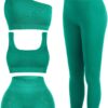 4 Pcs Women's Workout Sets Pilates Exercise Outfit Ribbed Scoop Neck Sports Bra Shorts Leggings Gym Clothes Set