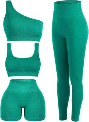 4 Pcs Women's Workout Sets Pilates Exercise Outfit Ribbed Scoop Neck Sports Bra Shorts Leggings Gym Clothes Set