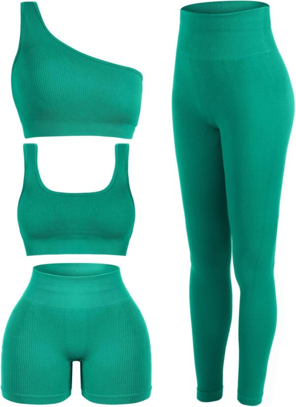 4 Pcs Women's Workout Sets Pilates Exercise Outfit Ribbed Scoop Neck Sports Bra Shorts Leggings Gym Clothes Set