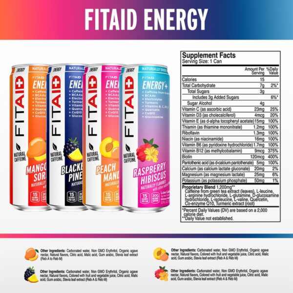 LIFEAID FITAID Energy, 200mg Natural Caffeine, Keto, Variety Pack, Optimum Performance Formula: BCAAs, Quercetin, Electrolytes, Omega-3s, 15 Calories, Paleo, Vegan & Gluten-Free, 12 Fl Oz (Pack of 12)