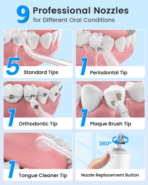 Water Flosser for Teeth, Cordless Water Dental Flosser, 9 Jet Tips 5 Modes 300ML IPX7 Waterproof, Portable Rechargeable Oral Irrigator for Home Travel - Gums, Orthodontic, Braces Care - White