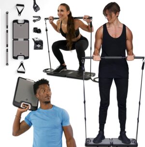 EVO Gym - Portable Home Gym Strength Training Equipment, at Home Gym | All in One Gym - Resistance Bands, Base Holds Gym Bar & Handles for Travel | Portable Gym & Home Exercise Equipment