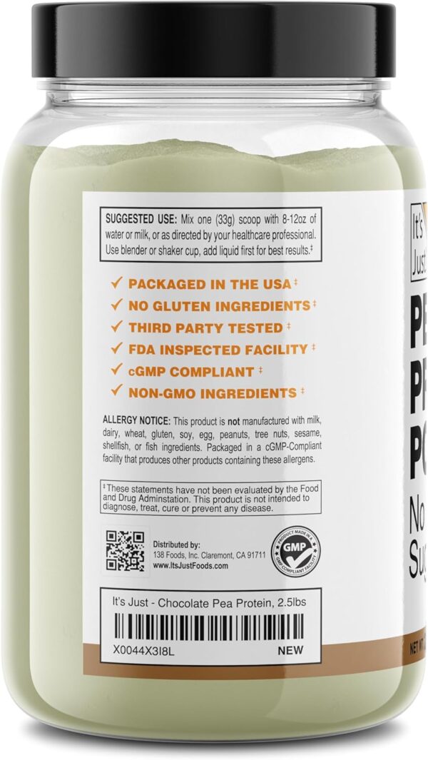 It's Just! Pea Protein Isolate, Plant Based, Premium Quality, Gluten Free, Vegan, Keto Friendly, Product of Canada, Packaged in USA (2.5 Pound, Chocolate)