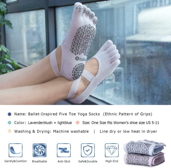 Ozaiic Yoga Socks for Women with Grips, Non-Slip Five Toe Socks for Pilates, Barre, Ballet, Fitness