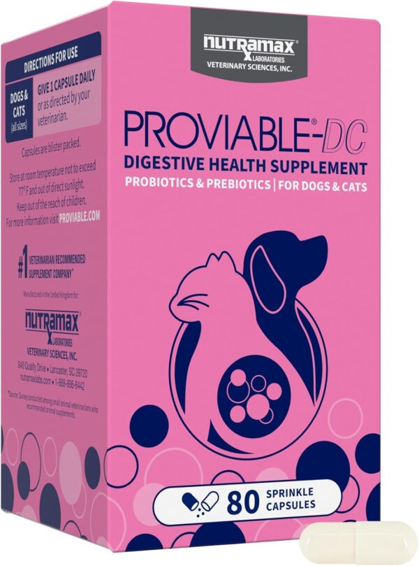 Nutramax Proviable Digestive Health Supplement Multi-Strain Probiotics and Prebiotics for Cats and Dogs - with 7 Strains of Bacteria, 80 Capsules, blue