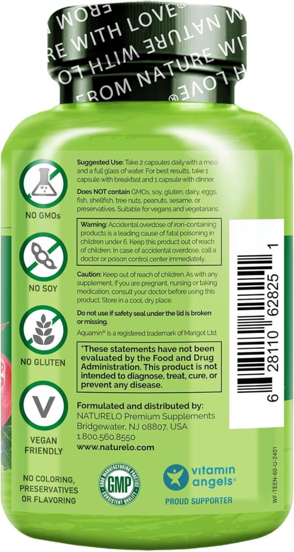 NATURELO Whole Food Multivitamin for Teens - Vitamins and Minerals for Teenage Boys and Girls - Supplement for Active Kids - with Organic Whole Foods - Non-GMO - Vegan & Vegetarian - 60 Capsules