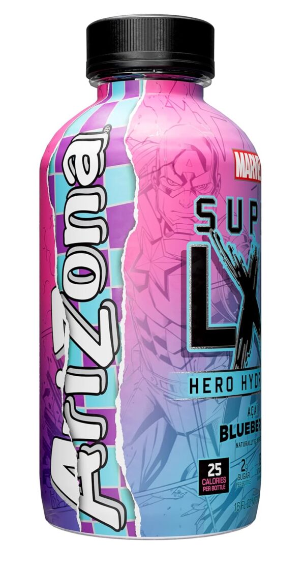 AriZona x Marvel Super LXR Hero Hydration - Acai Blueberry - 16oz (Pack of 12) – Low Sugar Sports Drink, Perfect for Athletes, Vitamins and Natural Flavors - Thirst Quencher