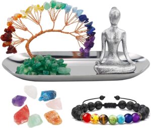Meditation Accessories, Zen Spiritual Decor, 7 Chakra Crystal Tree Healing Stones and Yoga Statues, for Living Room, Office, Shelves, Mantle Decor, Birthday Gifts for Women