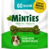 Minties Dental Chews for Dogs, 60 Count, Vet-Recommended Mint-Flavored Dental Treats for Medium Dogs 25-50 lbs, Dental Bones Clean Teeth, Fight Bad Breath, and Removes Plaque and Tartar