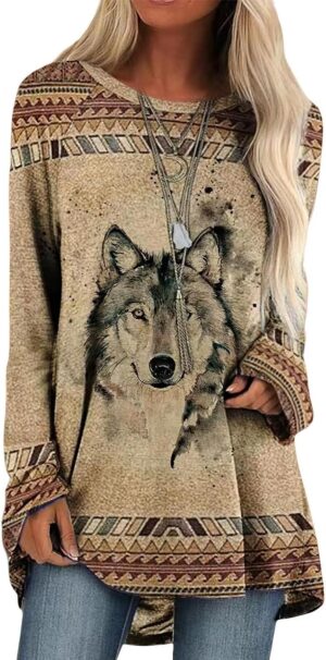 Bengbobar Western Sweatshirts for Women Native American Aztec Print Pullover Long Sleeve Crewneck Crewneck Sweatshirt