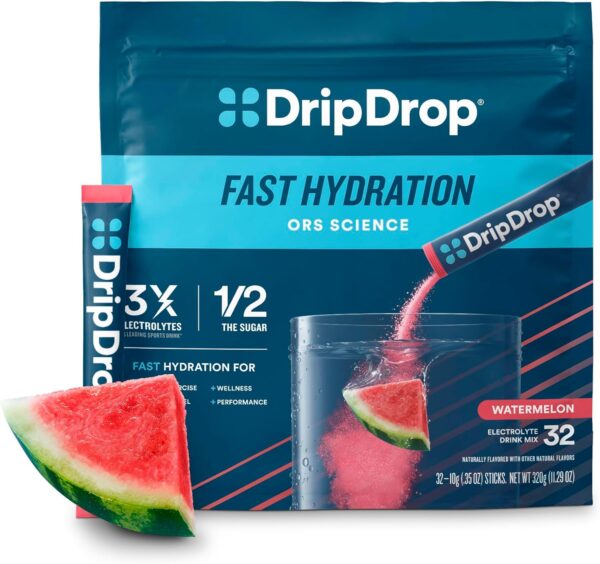 DripDrop Hydration - Watermelon - Electrolyte Drink Mix Single Serve Hydration Powder Packets | Non-GMO, Gluten Free, Vegan | 32 Sticks