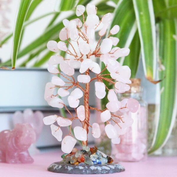 Rose Quartz Healing Crystal Tree of Life Natural Gemstone Agate Slice Base Copper Wire Wrapped Money Trees Pink Feng Shui Reiki Energy Decorations Home Office Room Desk Decor Gifts for Women Men