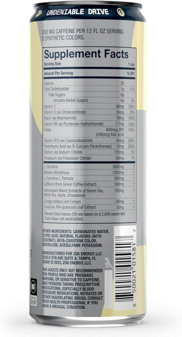 ZOA+ Pre-Workout Energy Drink Supplement - NSF Certified for Sport with Zero Sugar, Nitric Oxide Support, B & D Vitamins, Amino Acids, and Electrolytes (Coconut Lemonade)