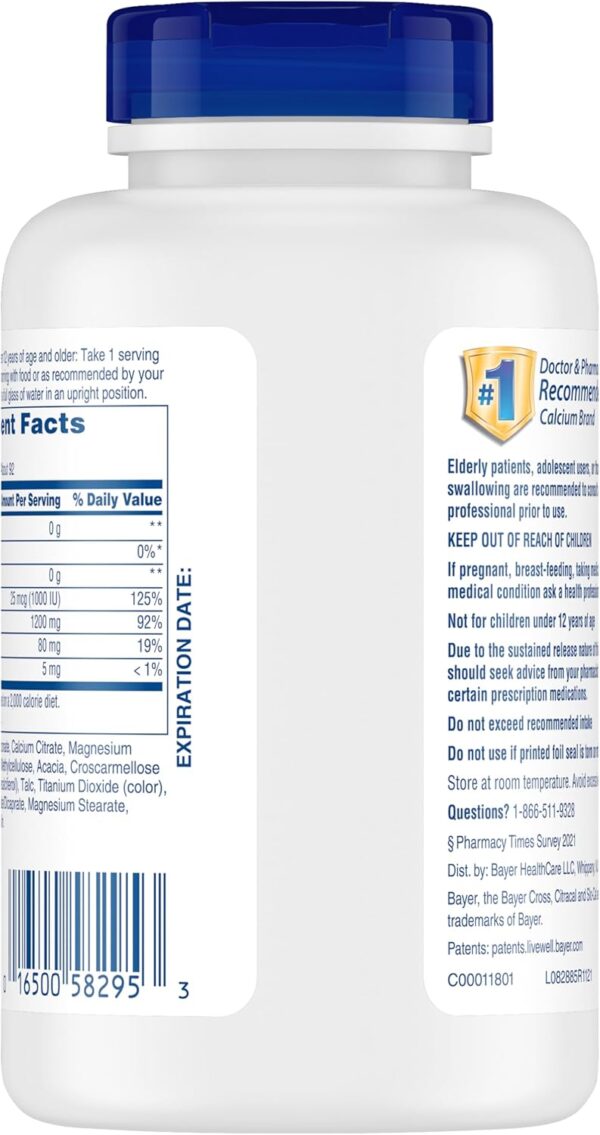 Citracal Slow Release 1200, 1200 mg Calcium Citrate and Calcium Carbonate with 25 mcg (1000 IU) Vitamin D3, Bone Health Support, Calcium Supplement for Ages 12+, Take Once Daily Caplet, 185 Count