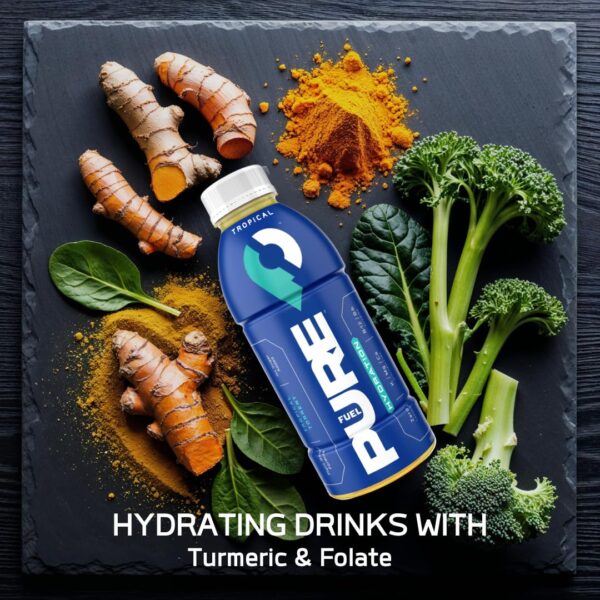 Pure Fuel Hydration Drinks Tropical Torrent - Plant-Based Healthy Electrolyte Drinks with B-Vitamins - No Added Sugar - 12 Pack x 16.9 fl oz Bottles