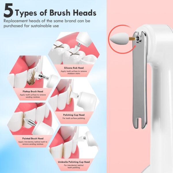 Rechargeable Tooth Polisher Kit for Daily Cleaning, Whitening and Polishing, Electric Dental Teeth Polisher with LED Light, 5 Brush Heads, 5 Speed Modes, Waterproof