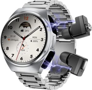 Smart Watch with Wireless Earbuds, Bluetooth Call Watches for Men 1.53" Steel Material Ultra-Thin Body 9D Sound Effects,Fitness Tracker Sports Watch, Compatible iPhone Android (96 Silver)