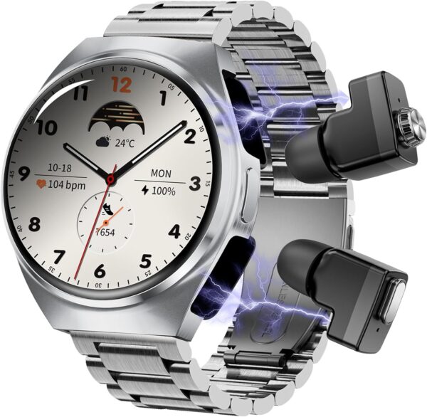 Smart Watch with Wireless Earbuds, Bluetooth Call Watches for Men 1.53" Steel Material Ultra-Thin Body 9D Sound Effects,Fitness Tracker Sports Watch, Compatible iPhone Android (96 Silver)