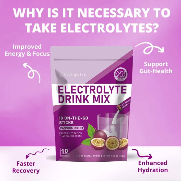 Electrolytes Powder Packets - Sugar Free, Naturally Flavored, 10 Electrolyte & Vitamins Electrolyte Drink Mix - Passion Fruit Flavors, Keto Friendly, Vegan, Non- GMO, 18 Packets