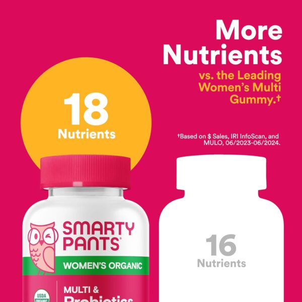 SmartyPants Organic Women's Multivitamin Gummies: Biotin, Probiotics, Methylfolate, Omega 3 (ALA), Vitamin D3, C, Vitamin B12, B6, A, K & Zinc, Inositol, Gluten Free, 120 Count (30 Day Supply)