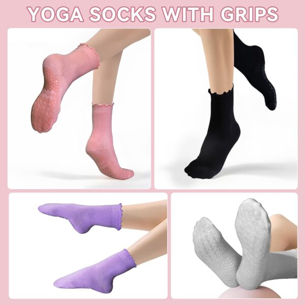 SkiBeaut Pilates Yoga Grips Socks, 4 Pairs Non Slip Skid Women Reformer Hospital Sticky Socks for Elderly Pregnancy Lady