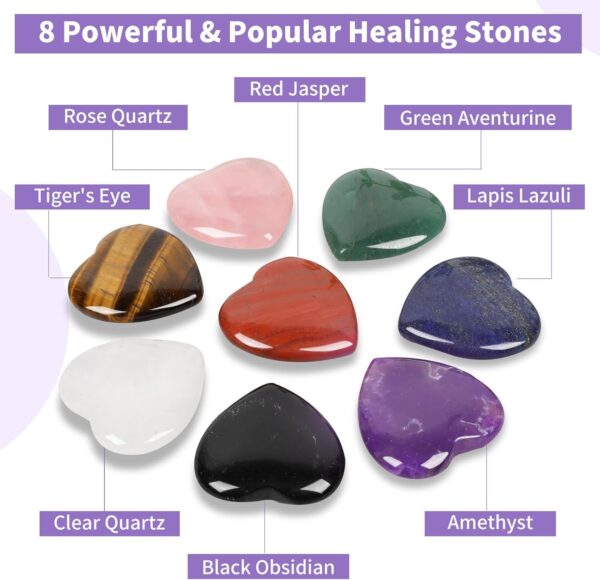 NatureWonders 8 Crystal Hearts 1.4" (Booklet, Pouch, Gift Box) Chakra Stone, Healing Crystal, Palm Thumb Stone, Powerful & Popular, All Natural, Finished with Beeswax, Meditation, Energy Healing Reiki