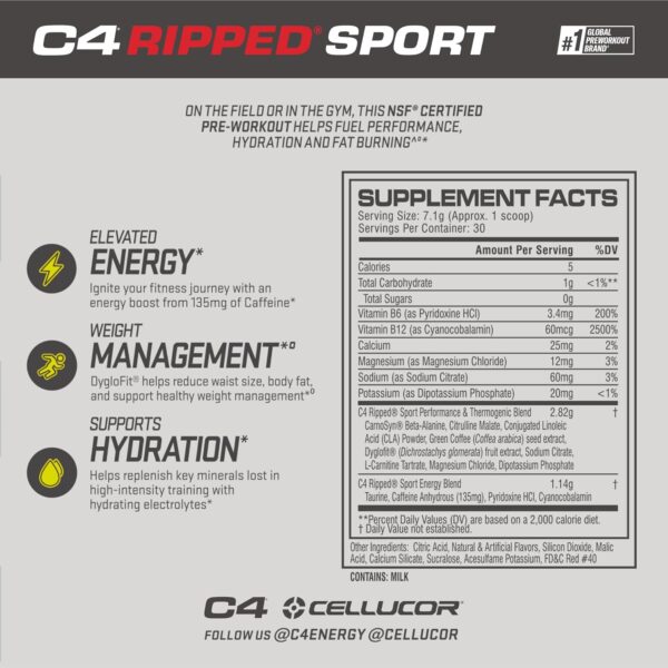 C4 Ripped Sport Pre Workout Powder Fat Burner - NSF Certified for Sport + Sugar Free Preworkout Energy Supplement for Men & Women - 135mg Caffeine + Weight Loss - Fruit Punch, 30 Servings