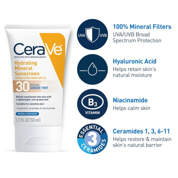 CeraVe Hydrating Mineral Sunscreen SPF 30 with Sheer Tint, Tinted Mineral Sunscreen with Zinc Oxide & Titanium Dioxide, Blends Seamlessly For Healthy Glow, Medium, 1.7 Fluid Ounce