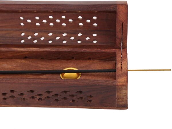 raajsee Beautiful Handmade Wooden Brown Incense Stick Holder Burner Storage Coffin Box - Ash Catcher with Brass Inlay -Home Utilities & Accessories -Meditation -Great Gift for Any Occasion 12x2 inch