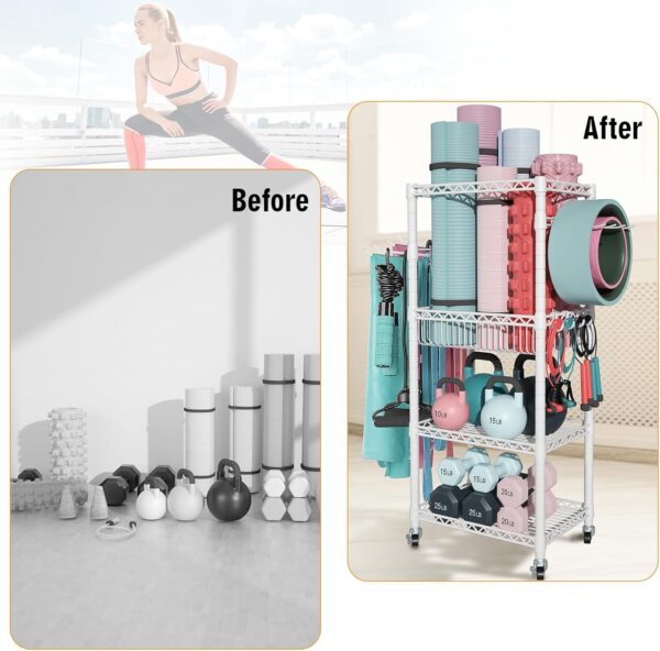S1 Home Gym Storage, 3-Tier Workout Equipment Organizer with Wheels for Yoga Mats, Foam Roller, Dumbbells, Kettlebells, and Resistance Bands, 47.4" H x 27.5" W x 11.8" D, White