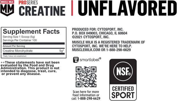 Muscle Milk Pro Series Creatine Powder Supplement, Unflavored, 1.1 Pound, 100 Servings, 5g Creatine Monohydrate, NSF Certified for Sport, Packaging May Vary